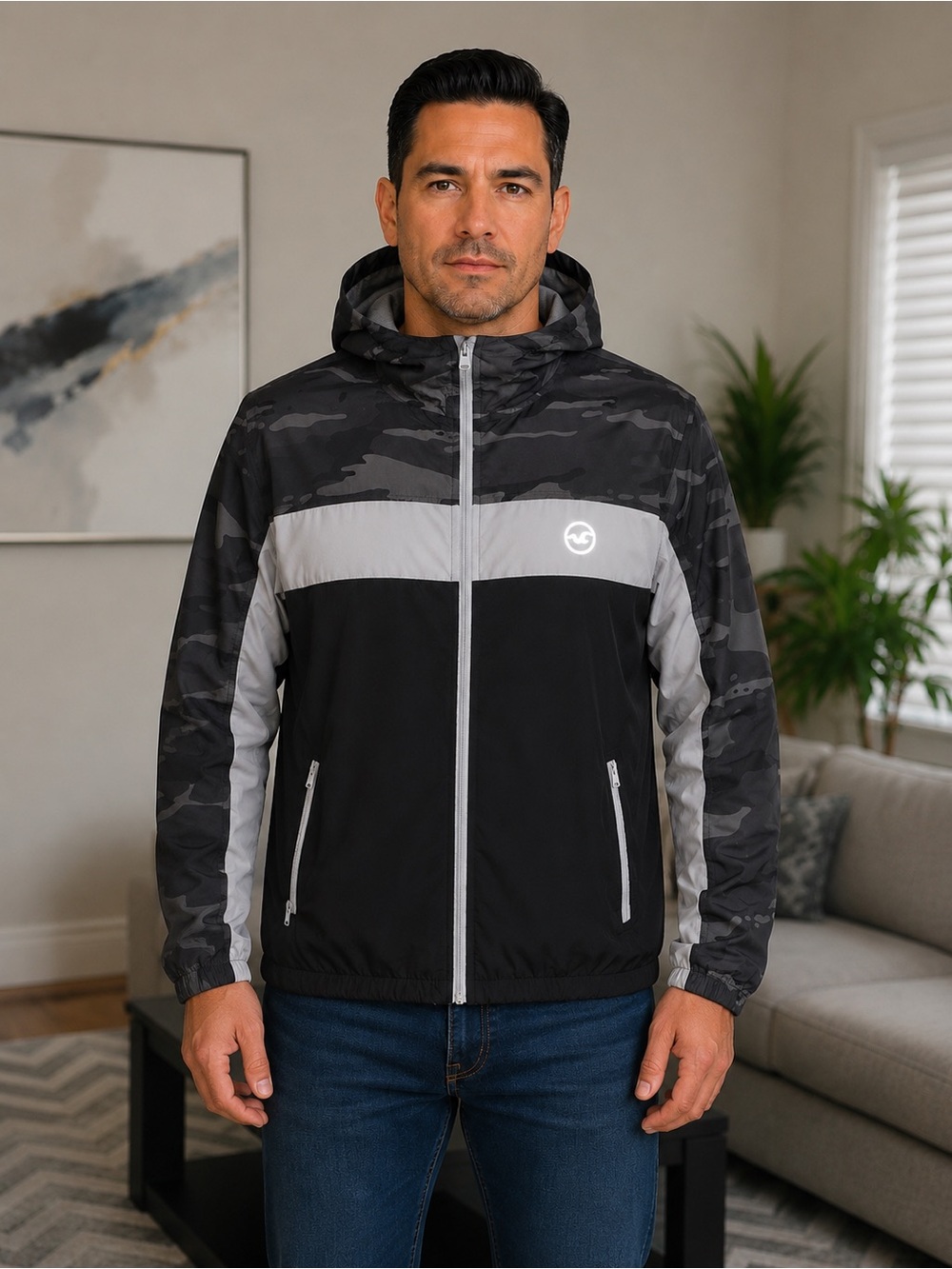 Hollister Men’s Black, Gray & White Windbreaker Jacket